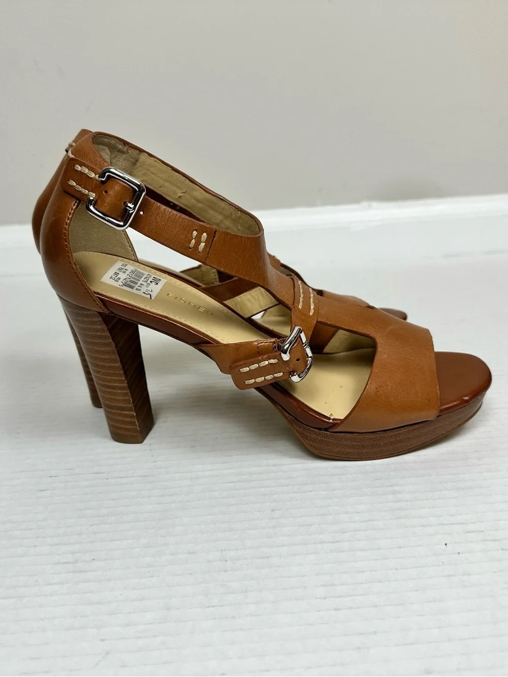 Marc Fisher Tan/Cognac Leather T-Strap Platform High Heel Sandals – Size 7.5M